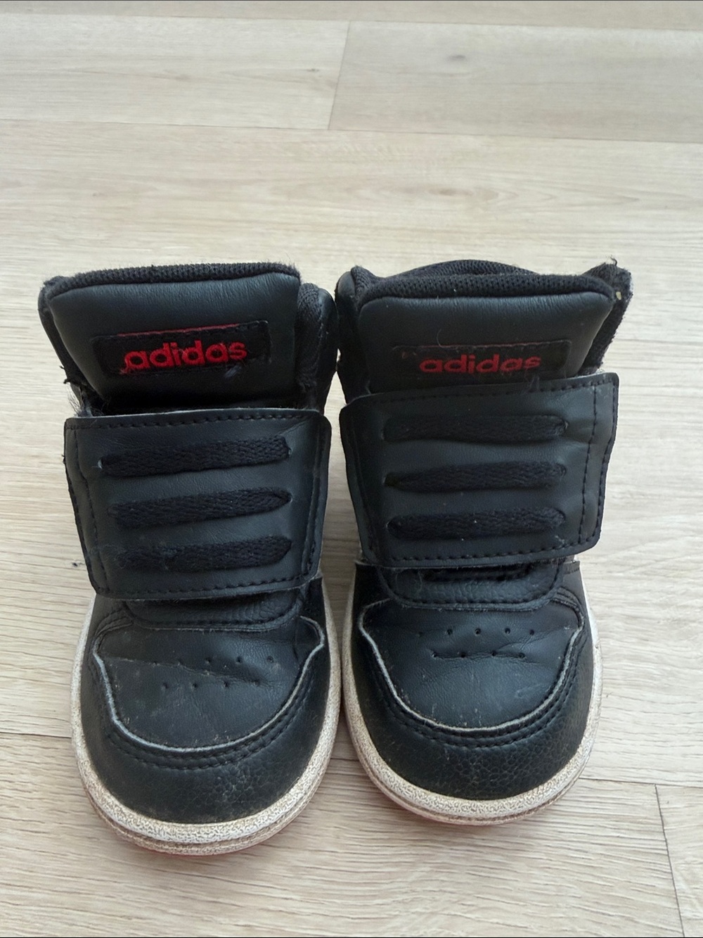 adidas Kids Black High-Top Velcro Sneakers with Red Logo